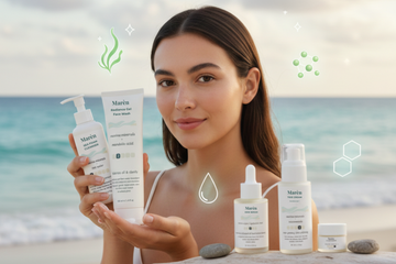 Marèn skincare products on a beach with a model, showcasing the brand's natural, ocean-inspired aesthetic."