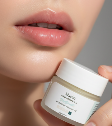 Close-up of hydrated, plump lips with a person holding the Marèn Lip Quench Balm, featuring sea peptides and vitamins C + E for a smooth, dewy finish