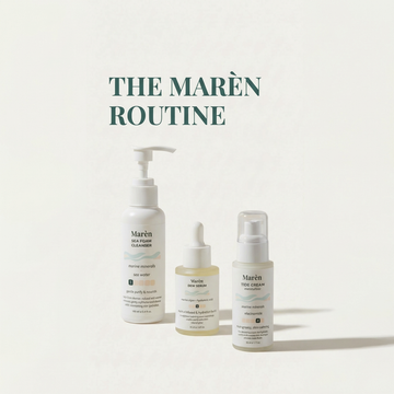 Minimalist 3-step skincare routine for dry skin featuring cleanser, serum, and moisturizer on a calm coastal background.