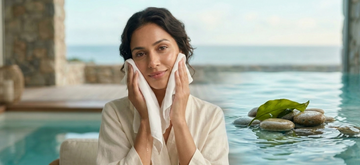 Close-up of a South Asian woman with glowing, healthy skin gently applying a cool cloth, surrounded by marine elements like sea stones and kelp, illustrating a soothing and hydrating skincare routine for sensitive skin and skin barrier repair.