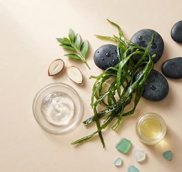 A minimalist flat-lay of Marèn skincare ingredients including fresh green sea kelp, smooth basalt stones, and clear hyaluronic acid gel on a warm sand-toned background. High-end coastal aesthetic featuring marine minerals and botanical actives.