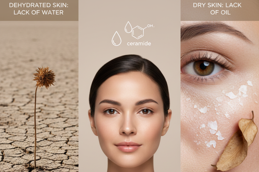 Illustration comparing dehydrated skin (lack of water) and dry skin (lack of oil) with a central image of a woman and ceramide graphic
