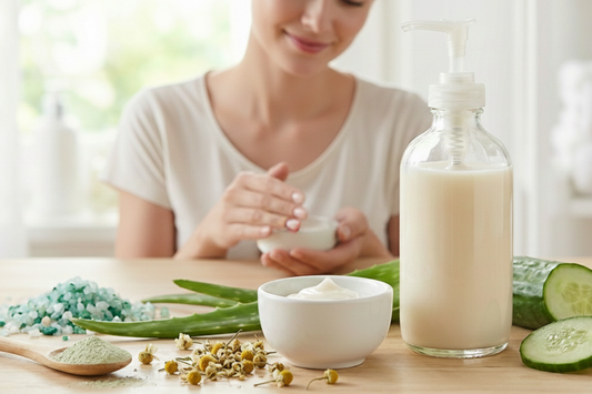 Woman applying cream with natural ingredients like aloe, cucumber, and chamomile on the table, symbolizing gentle and nourishing skincare