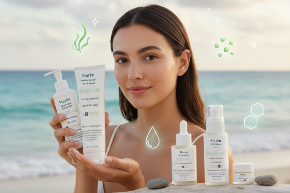 Marèn skincare products on a beach with a model, showcasing the brand's natural, ocean-inspired aesthetic."