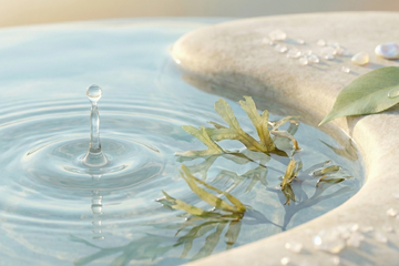 Close-up of a water droplet and gentle ripples beside seaweed and a smooth stone, symbolizing minimalist, ocean-inspired hydration and calm skincare.