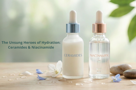 Two dropper bottles labeled 'CERAMIDES' and 'NIACINAMIDE' on a wooden surface with water droplets, flowers, and smooth stones, representing essential skincare ingredients for hydration and barrier health.