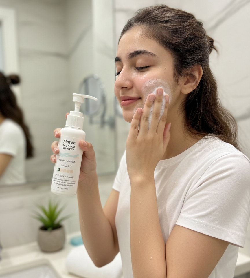 Model applying Marèn Sea Foam Cleanser foam while holding the bottle; a gentle daily cleanser infused with marine minerals and kelp extracts.