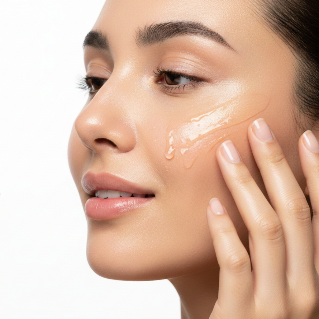 Close-up of a woman with dewy, hydrated skin applying skincare, representing a night skincare routine for repair and hydration