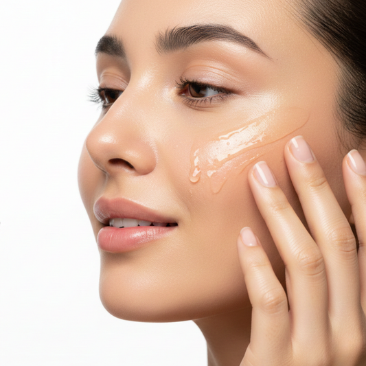 Close-up of a woman with dewy, hydrated skin applying skincare, representing a night skincare routine for repair and hydration