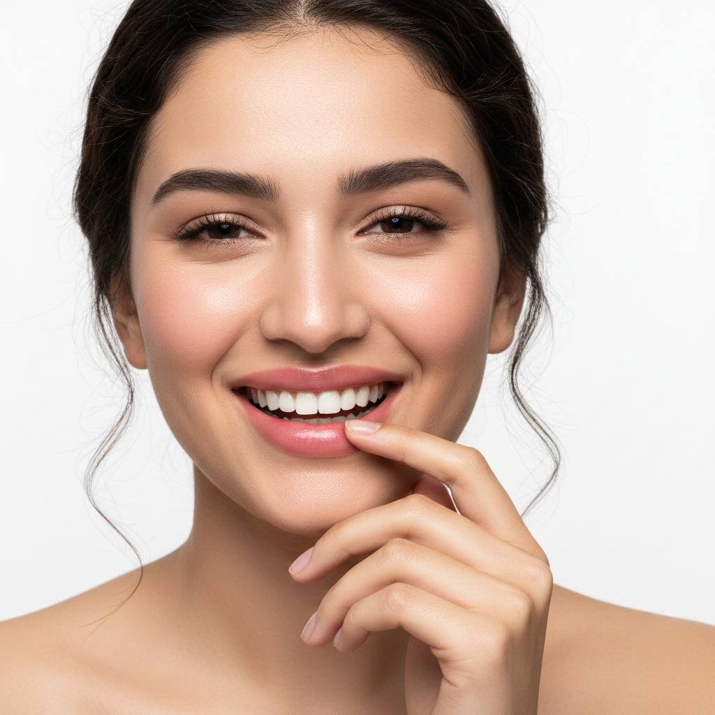 A smiling woman with radiant, hydrated skin and a natural glow, representing the results of a Marèn hydrating skincare routine for dry and dehydrated skin.
