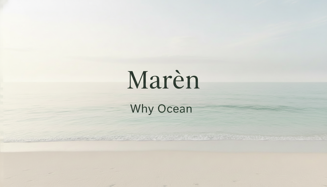 Minimalist ocean-inspired banner for Marèn skincare featuring a calm shoreline and the text "Marèn Why Ocean" in deep kelp green