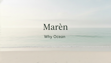 Minimalist ocean-inspired banner for Marèn skincare featuring a calm shoreline and the text "Marèn Why Ocean" in deep kelp green