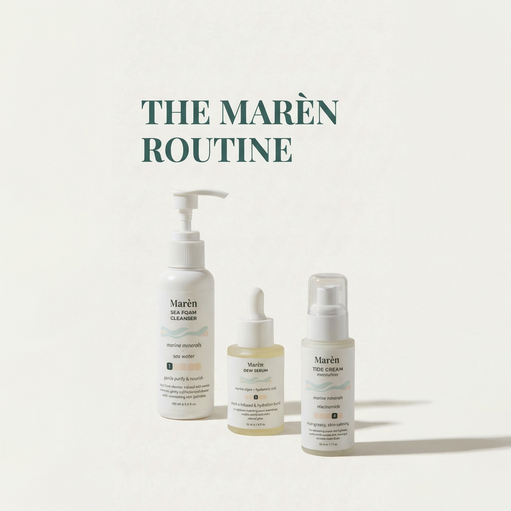 Minimalist 3-step skincare routine for dry skin featuring cleanser, serum, and moisturizer on a calm coastal background.