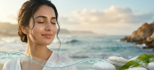 A modern Pakistani woman with glowing dewy skin in a coastal summer setting with sea stones and kelp, representing the best summer skincare routine for Pakistan in 2026.