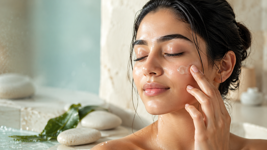 A close-up of a modern Pakistani woman with clear, matte skin applying a lightweight sunscreen, set against a minimalist coastal background with sea stones and kelp.