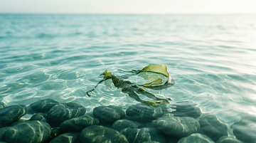Calm turquoise ocean rippling over dark sea-green stones with a single floating kelp frond , Marèn marine-inspired blog header.