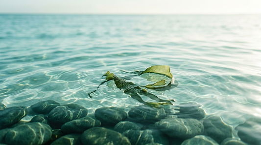 Calm turquoise ocean rippling over dark sea-green stones with a single floating kelp frond , Marèn marine-inspired blog header.