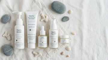 Marèn 5-step minimalist skincare collection on coastal linen background