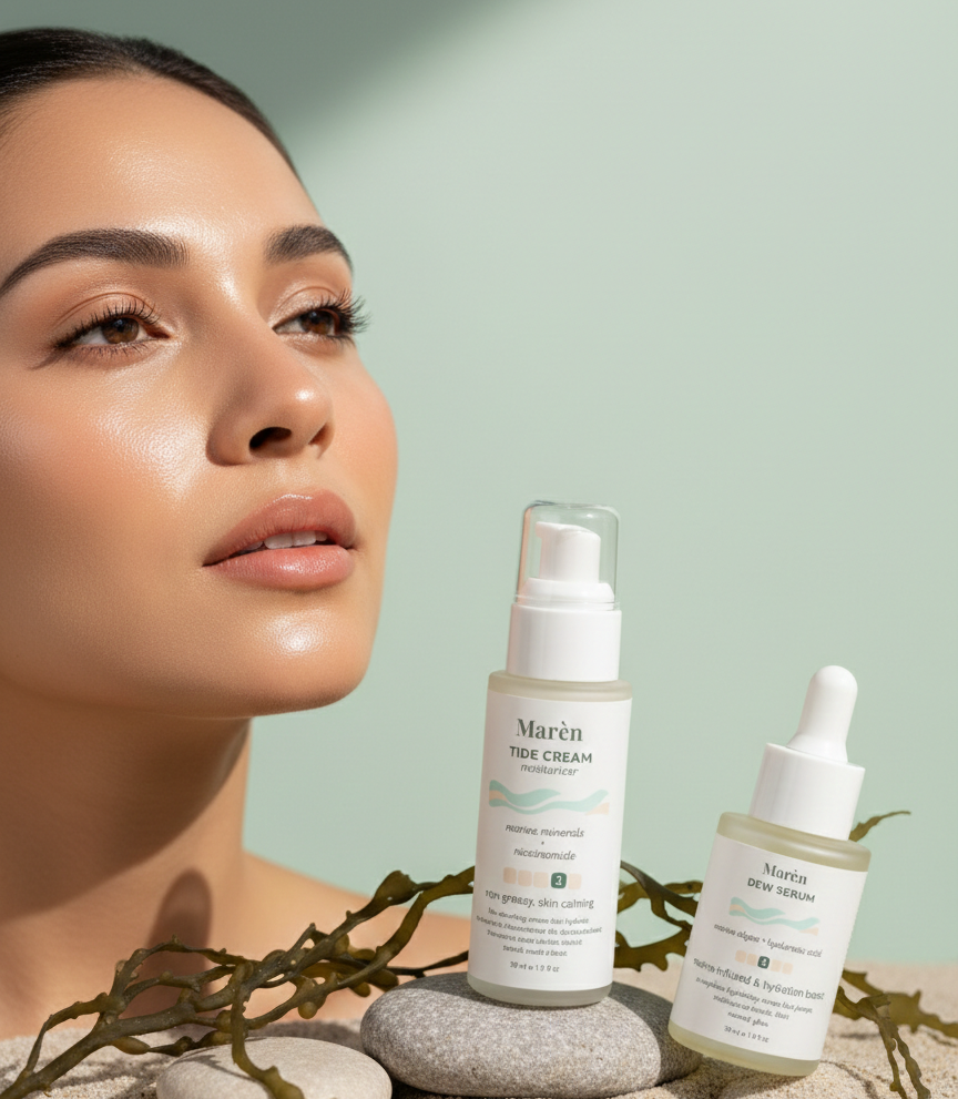 Marèn Dew Serum and Tide Cream arranged on a minimalist coastal background with sea stones, highlighting hydration for Ramadan skincare