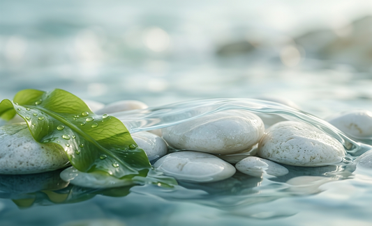 A close-up of smooth white sea stones partially covered by a translucent wave of crystal-clear water, with a vibrant green leaf glistening with dew droplets in a serene coastal setting.