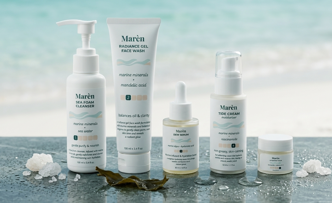 Marèn Skincare brand aesthetic: Calm turquoise water and sea salt crystals representing a balanced, marine-infused routine for oily skin