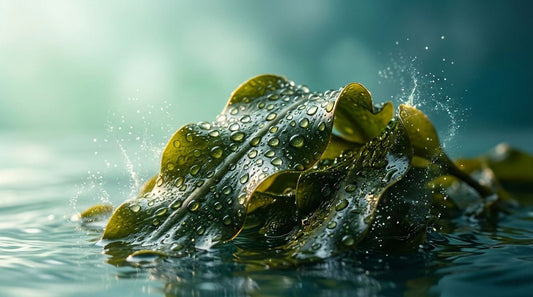 Macro photography of fresh marine kelp in clear ocean water, the key ingredient in Marèn Dew Serum for achieving glass skin and deep hydration.