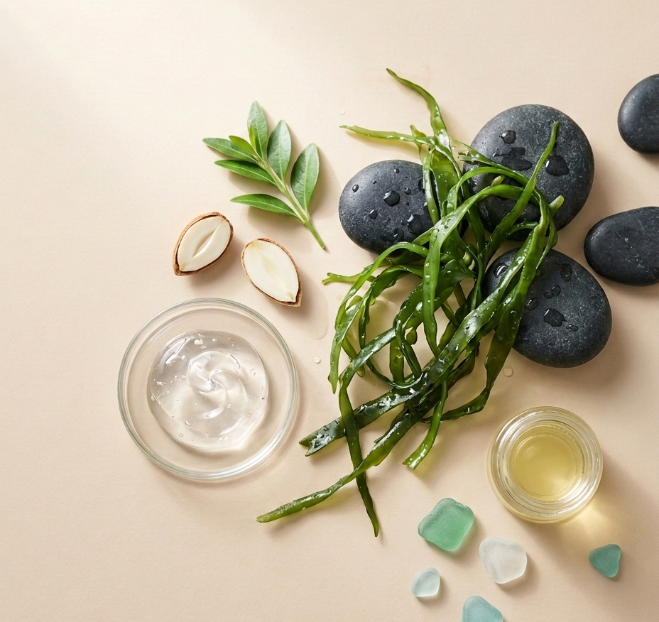 A minimalist flat-lay of Marèn skincare ingredients including fresh green sea kelp, smooth basalt stones, and clear hyaluronic acid gel on a warm sand-toned background. High-end coastal aesthetic featuring marine minerals and botanical actives.