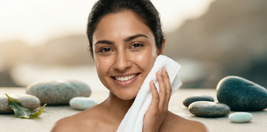 A smiling South Asian woman with fresh, clean skin holding a soft white towel, surrounded by wet sea stones and a green kelp leaf in a bright, coastal morning setting.
