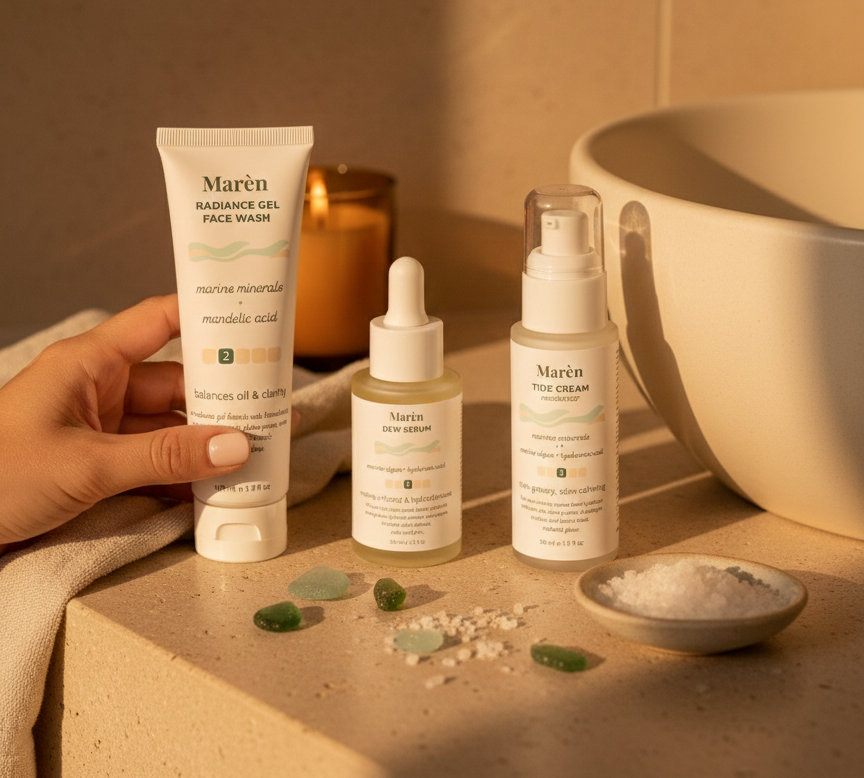 Marèn ocean-born skincare collection featuring Radiance Gel Face Wash, Dew Serum, and Tide Cream with marine minerals and sea salt on a minimalist sand-toned counter.